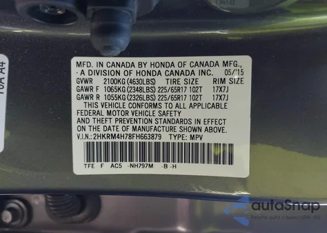 2015 Honda Cr-V Ex-L from USA, damaged, VIN 2HKRM4H78FH663879